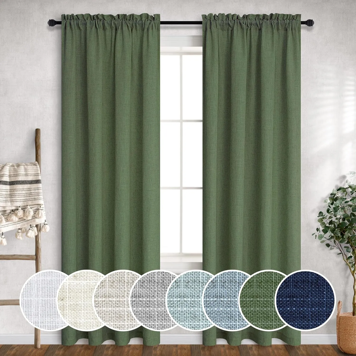Olive Green Boho Curtains 84 Inch Length for Living Room 2 Panels Set Rod Pocket Linen Cotton Drape Semi Sheer Lightweight Neutral Aesthetic Army Moss Loden Green Curtain for Bedroom Dining 52x84 Long
