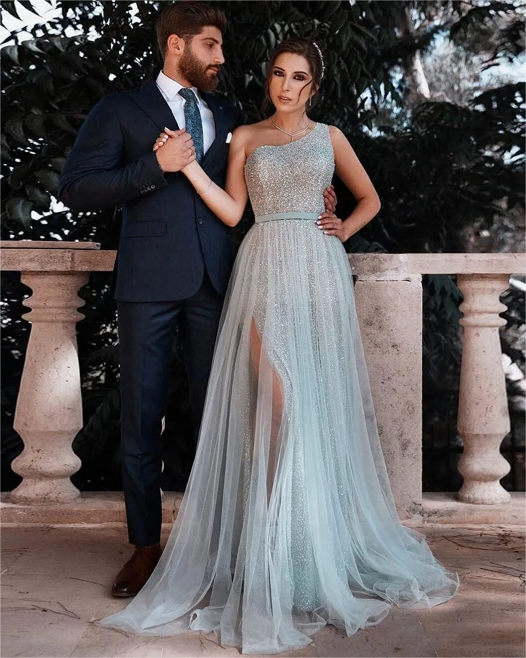 One Shoulder Prom Dresses for Women Long 2025 Sequin Formal Evening Gowns Tulle Wedding Dress