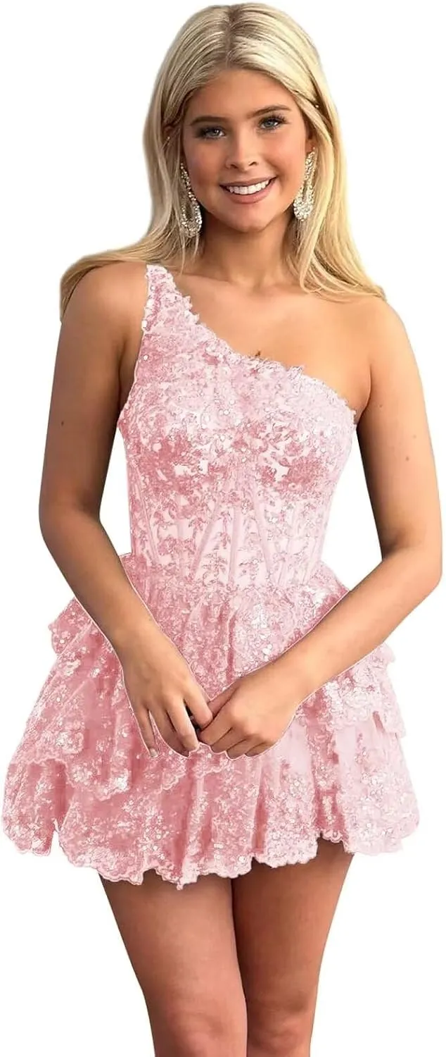 One Shoulder Short Tulle Homecoming Dresses for Teens 2024 Sparkly Lace Applique Ruffled Corset Prom Dress