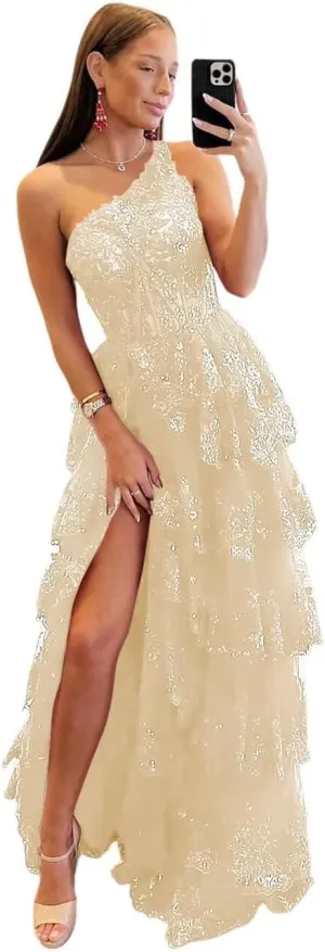 One Shoulder Sparkly Lace Tiered Tulle Prom Dresses Corset Long A Line Formal Evening Gown with Slit QA120