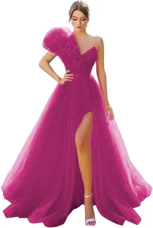 One Shoulder Tulle Prom Dresses Long Bridesmaid Dresses for Women Wedding Formal Evening Party Dress with Slit