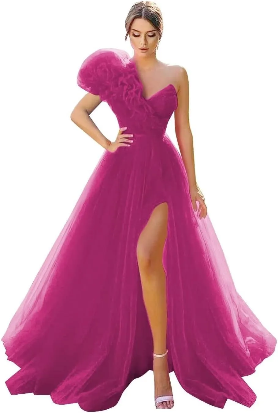 One Shoulder Tulle Prom Dresses Long Bridesmaid Dresses for Women Wedding Formal Evening Party Dress with Slit