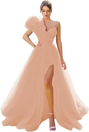 One Shoulder Tulle Prom Dresses Long Bridesmaid Dresses for Women Wedding Formal Evening Party Dress with Slit