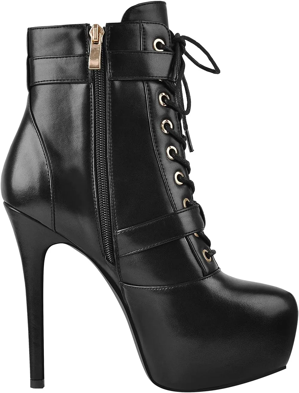 onlymaker Women's Stiletto Platform Ankle Boots Lace-Up side Zippers Round Toe Autum Booties