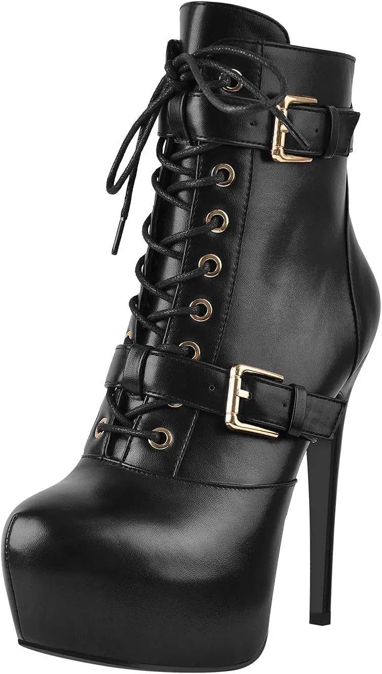onlymaker Women's Stiletto Platform Ankle Boots Lace-Up side Zippers Round Toe Autum Booties