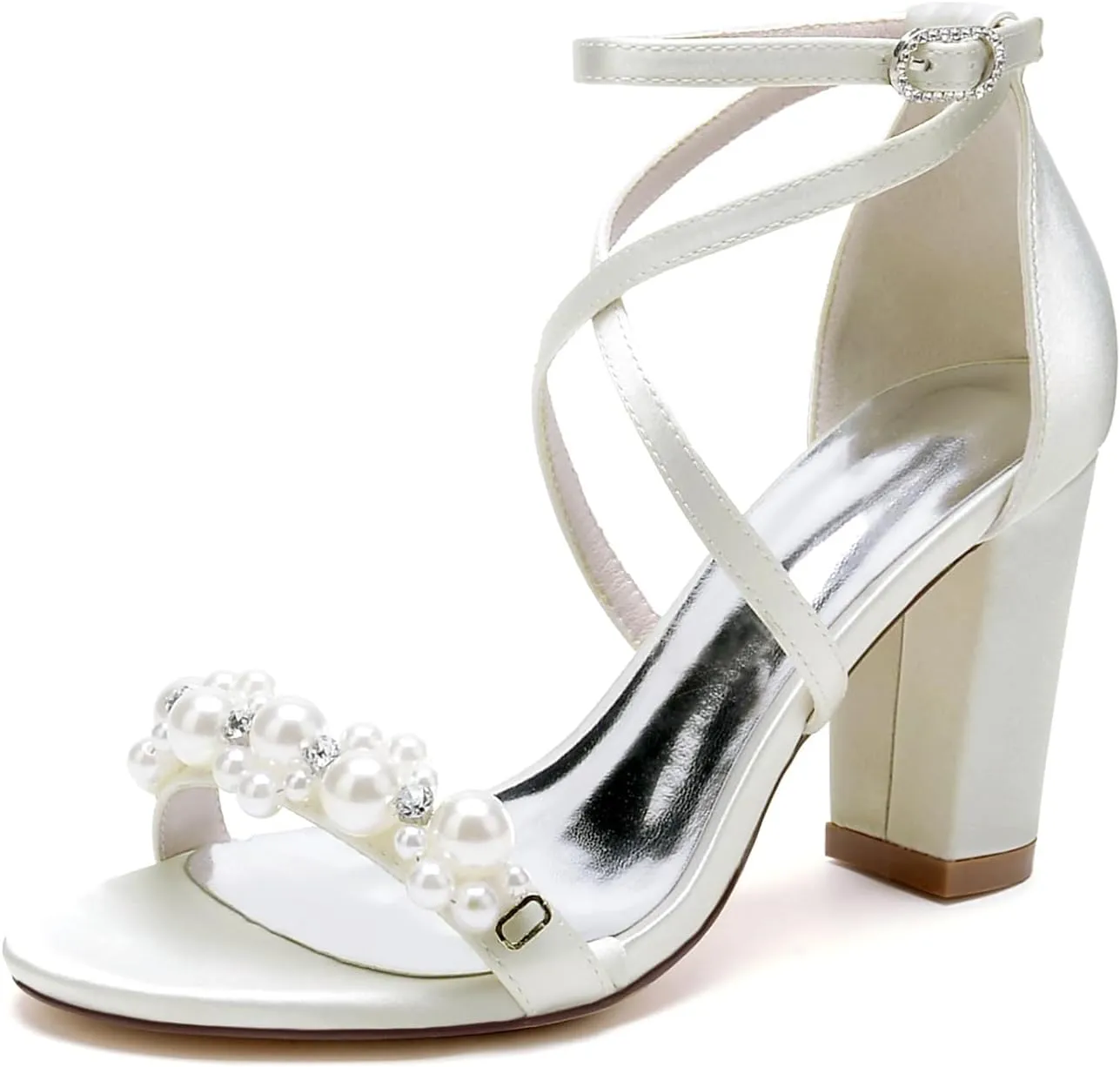 Open Toe Pearl Block Heels Wedding Shoes for Bride Women High Chunky Heels Bridal Shoes Crisscross Ankle Strap Satin Heels Sandals