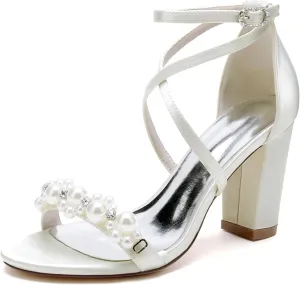 Open Toe Pearl Block Heels Wedding Shoes for Bride Women High Chunky Heels Bridal Shoes Crisscross Ankle Strap Satin Heels Sandals