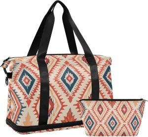 Orange Bohemian Pattern Versatile Sports Travel Bag - Lasting Twill Tote, Removable Wheel & Rod Bagging, Multi-pocket Design, Complimentary Makeup Bag