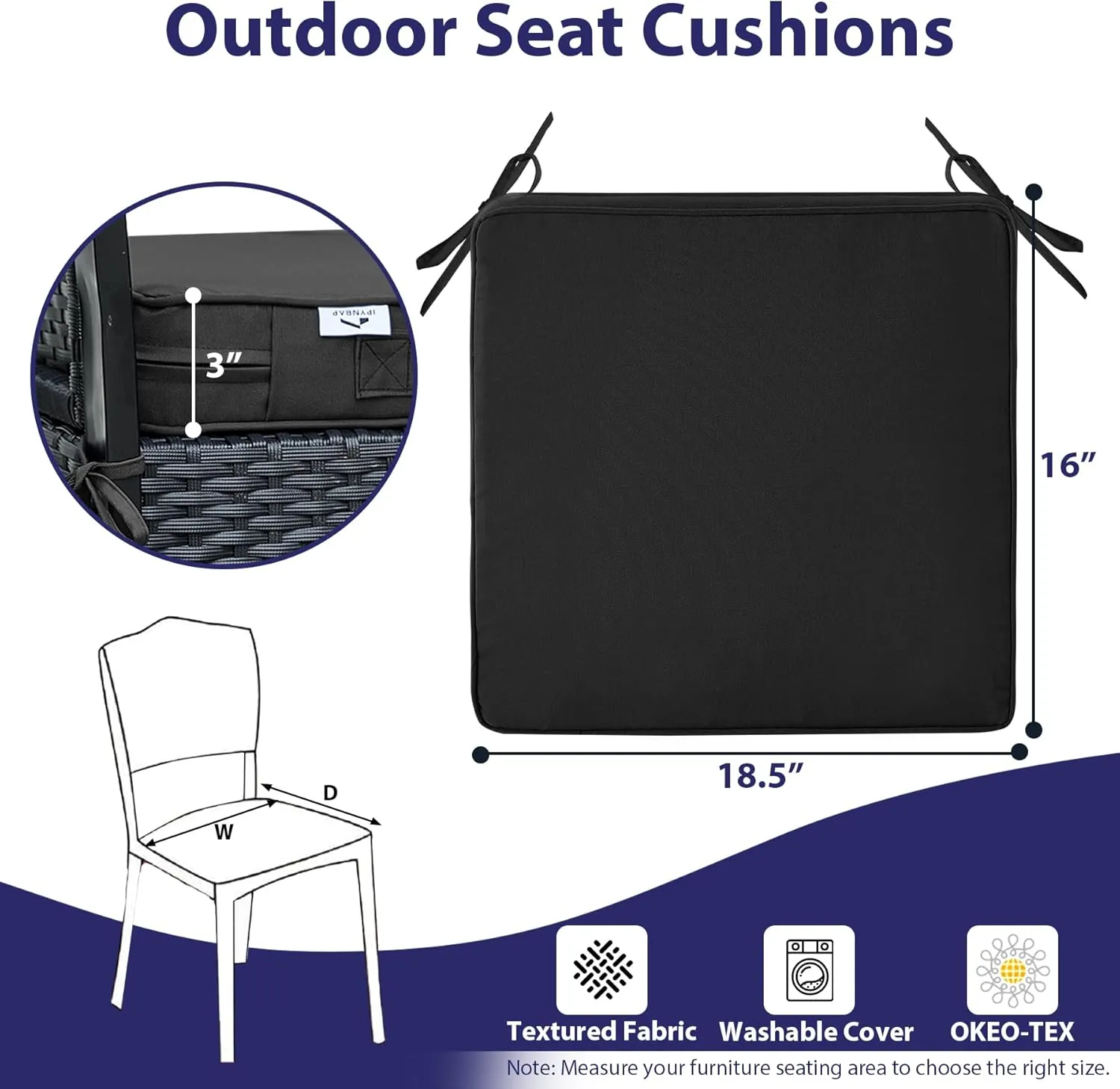 Outdoor Chair Cushions Set of 4,Waterproof Outdoor Seat Cushions for Patio Furniture,Patio Chair Cushion with Handle and Ties, Square Out Door Chair Pads,18.5" x 16" x 3", Black