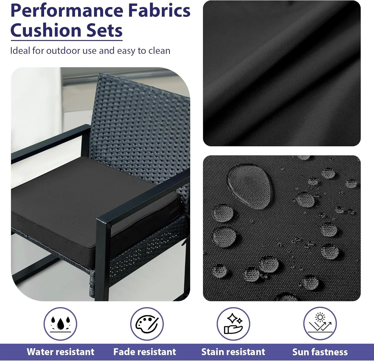 Outdoor Chair Cushions Set of 4,Waterproof Outdoor Seat Cushions for Patio Furniture,Patio Chair Cushion with Handle and Ties, Square Out Door Chair Pads,18.5" x 16" x 3", Black