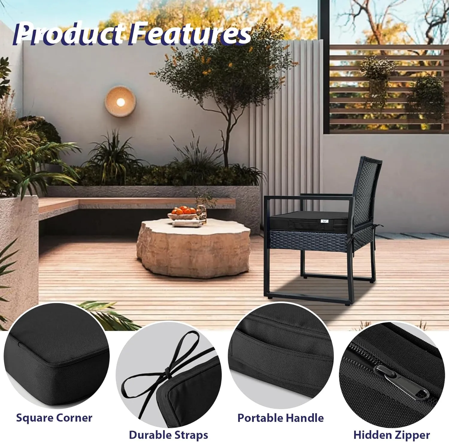 Outdoor Chair Cushions Set of 4,Waterproof Outdoor Seat Cushions for Patio Furniture,Patio Chair Cushion with Handle and Ties, Square Out Door Chair Pads,18.5" x 16" x 3", Black