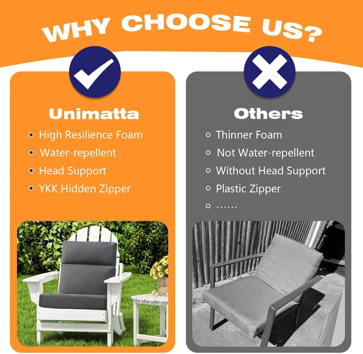 Outdoor High Back Chair Cushion Seat Pads, 2-Pack 44 x 21 Inch Water-Repellent & Fade-Resistant Patio Furniture Cushions with Ties for Adirondack, Rocking Chairs, Charcoal