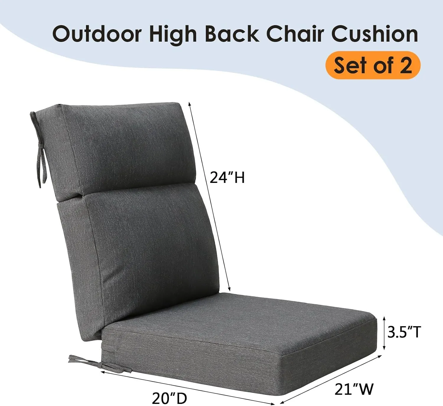 Outdoor High Back Chair Cushion Seat Pads, 2-Pack 44 x 21 Inch Water-Repellent & Fade-Resistant Patio Furniture Cushions with Ties for Adirondack, Rocking Chairs, Charcoal
