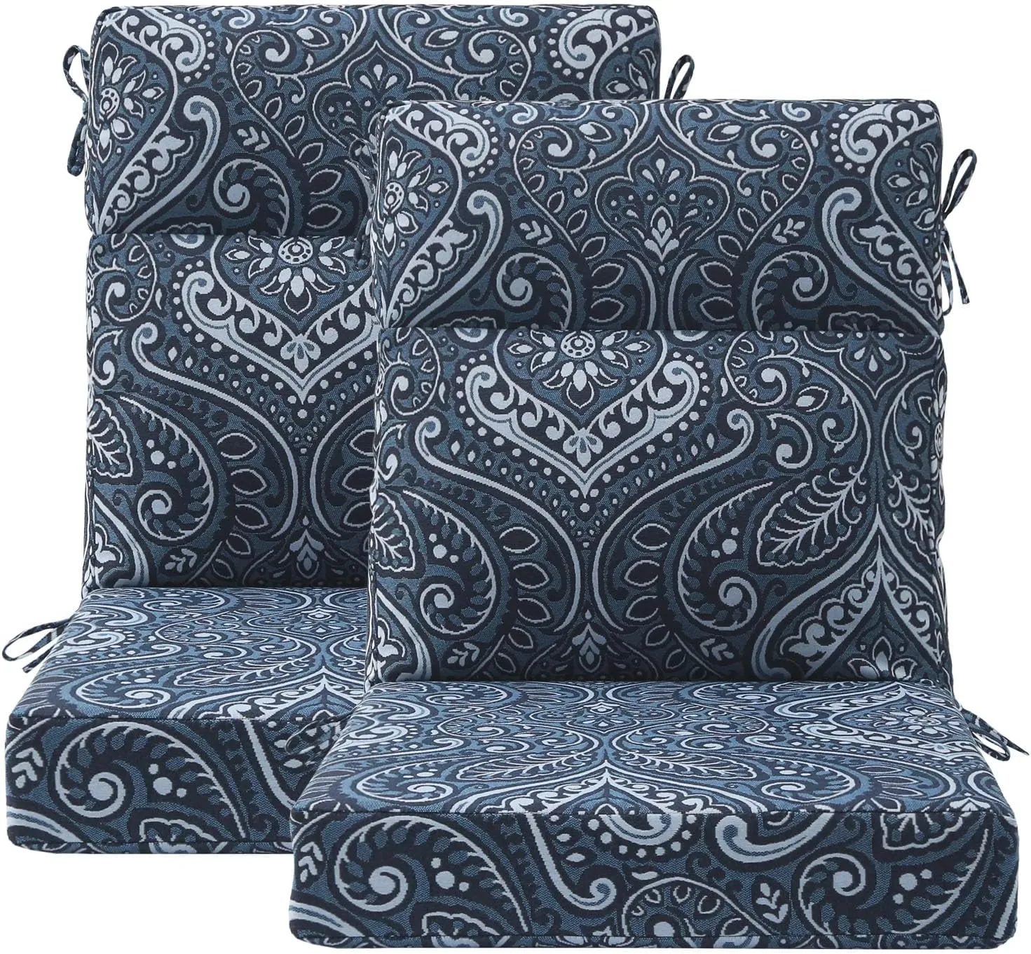 Outdoor High Back Chair Cushion Seat Pads, 2-Pack 44 x 21 Inch Water-Repellent & Fade-Resistant Patio Furniture Cushions with Ties for Adirondack, Rocking Chairs, Damask Blue Flower