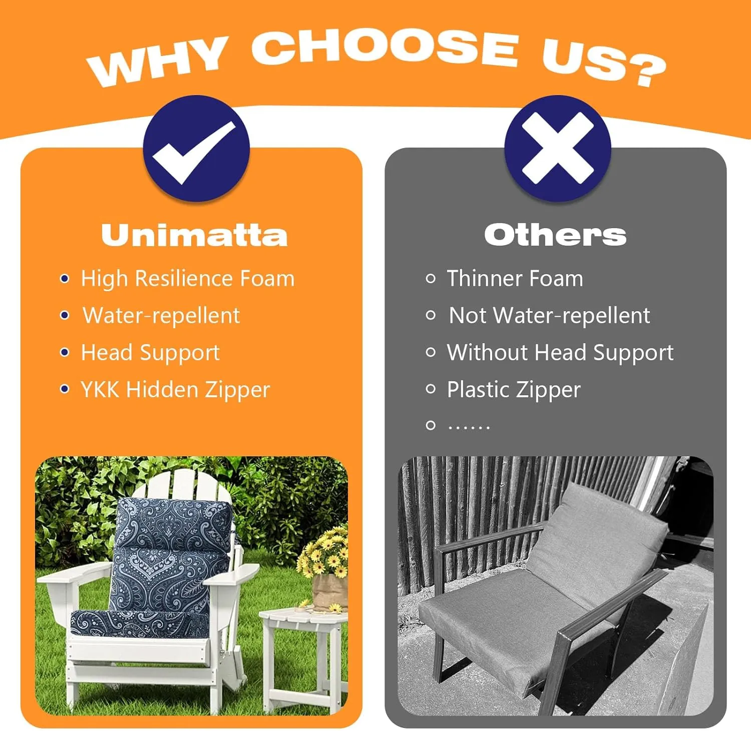 Outdoor High Back Chair Cushion Seat Pads, 2-Pack 44 x 21 Inch Water-Repellent & Fade-Resistant Patio Furniture Cushions with Ties for Adirondack, Rocking Chairs, Damask Blue Flower