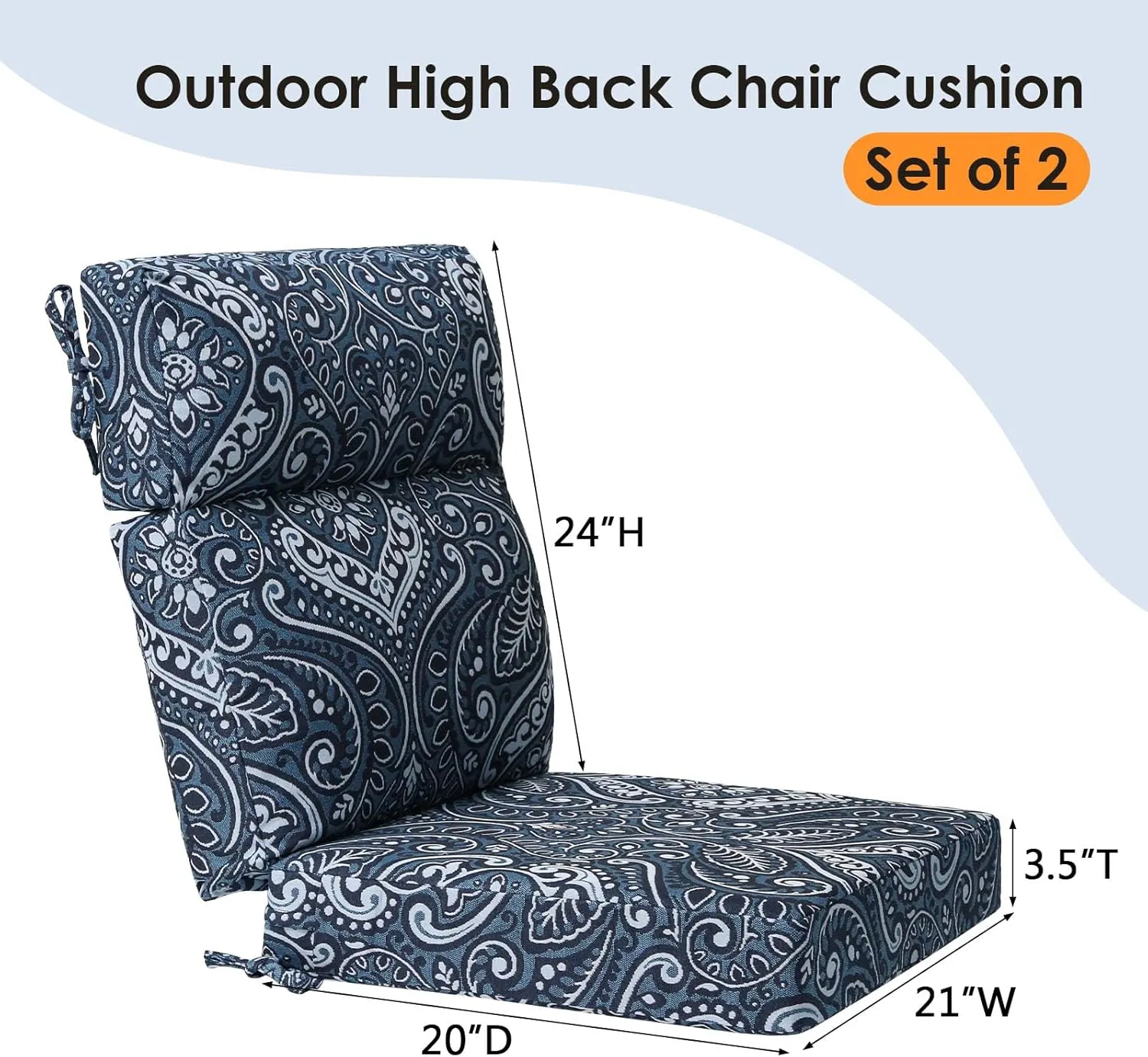 Outdoor High Back Chair Cushion Seat Pads, 2-Pack 44 x 21 Inch Water-Repellent & Fade-Resistant Patio Furniture Cushions with Ties for Adirondack, Rocking Chairs, Damask Blue Flower