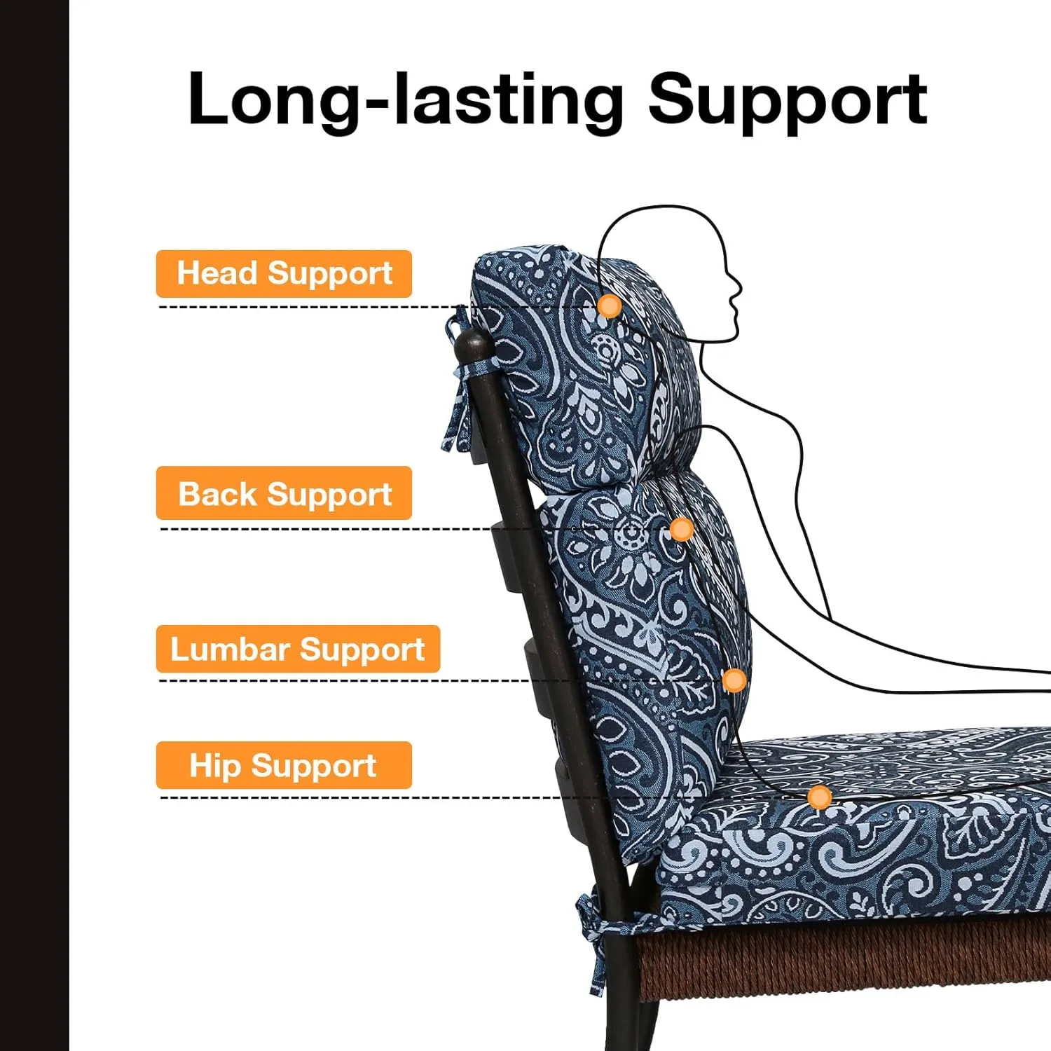 Outdoor High Back Chair Cushion Seat Pads, 2-Pack 44 x 21 Inch Water-Repellent & Fade-Resistant Patio Furniture Cushions with Ties for Adirondack, Rocking Chairs, Damask Blue Flower