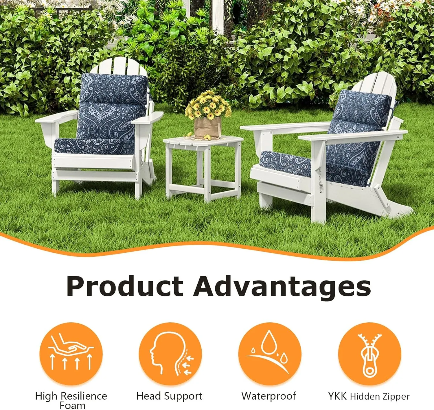 Outdoor High Back Chair Cushion Seat Pads, 2-Pack 44 x 21 Inch Water-Repellent & Fade-Resistant Patio Furniture Cushions with Ties for Adirondack, Rocking Chairs, Damask Blue Flower