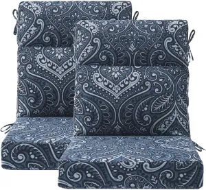 Outdoor High Back Chair Cushion Seat Pads, 2-Pack 44 x 21 Inch Water-Repellent & Fade-Resistant Patio Furniture Cushions with Ties for Adirondack, Rocking Chairs, Damask Blue Flower