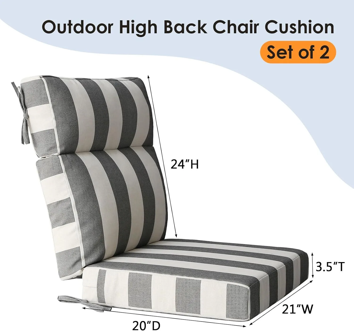 Outdoor High Back Chair Cushion Seat Pads, 2-Pack 44 x 21 Inch Water-Repellent & Fade-Resistant Patio Furniture Cushions with Ties for Adirondack, Rocking Chairs, Gray Stripe