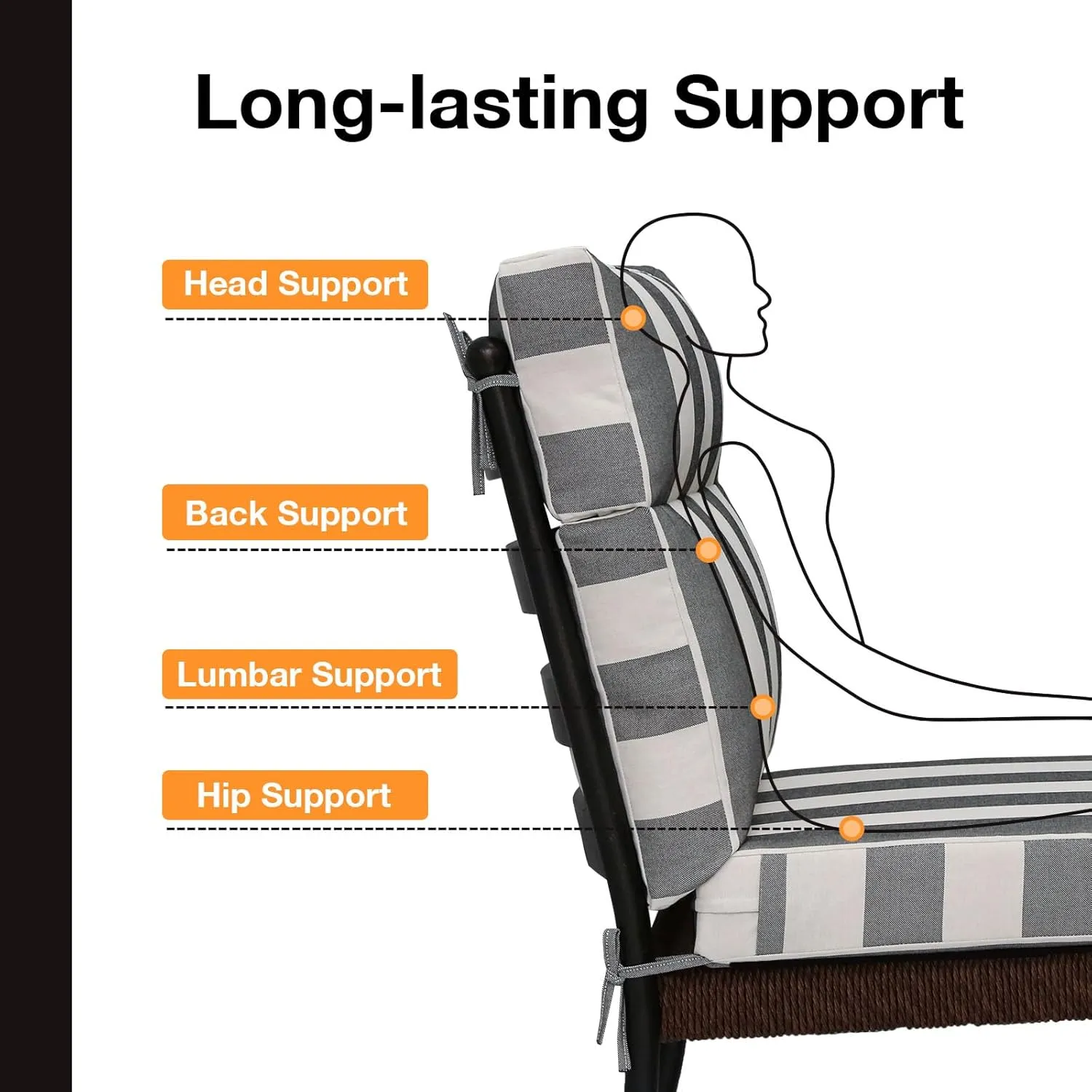 Outdoor High Back Chair Cushion Seat Pads, 2-Pack 44 x 21 Inch Water-Repellent & Fade-Resistant Patio Furniture Cushions with Ties for Adirondack, Rocking Chairs, Gray Stripe