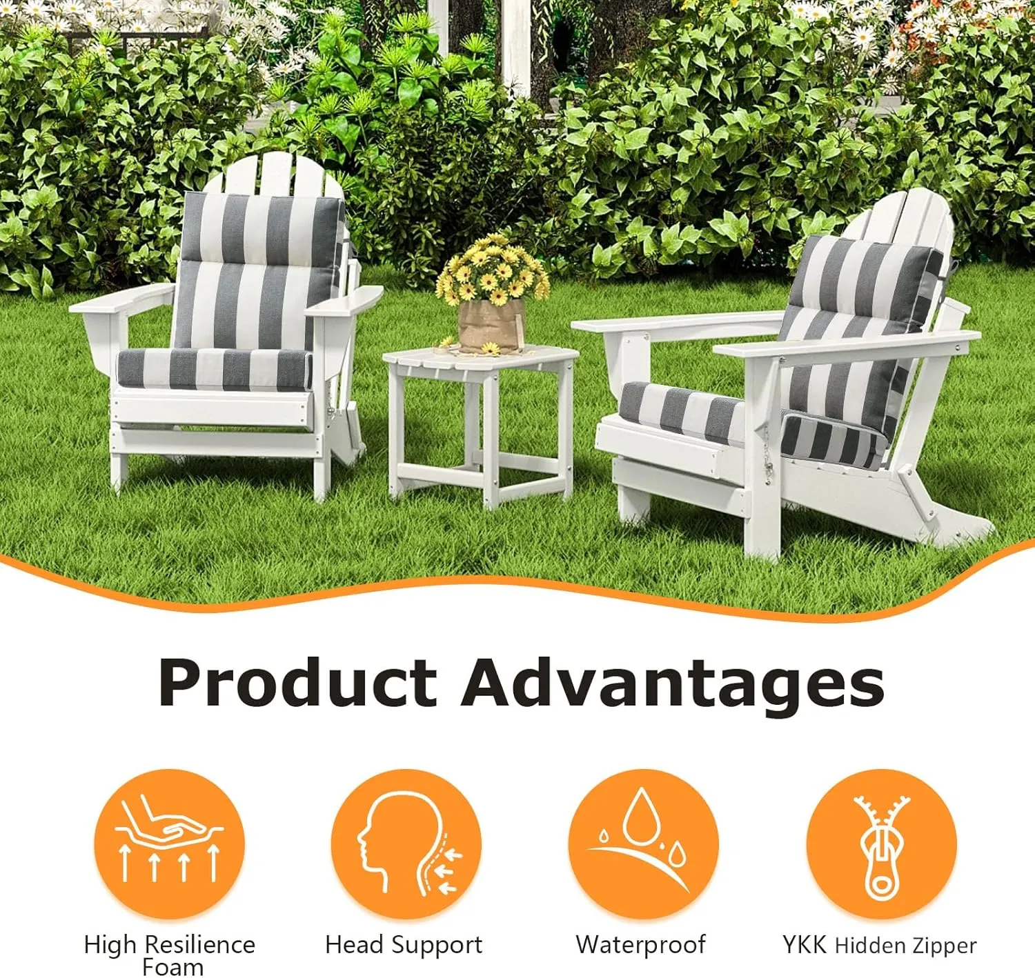 Outdoor High Back Chair Cushion Seat Pads, 2-Pack 44 x 21 Inch Water-Repellent & Fade-Resistant Patio Furniture Cushions with Ties for Adirondack, Rocking Chairs, Gray Stripe