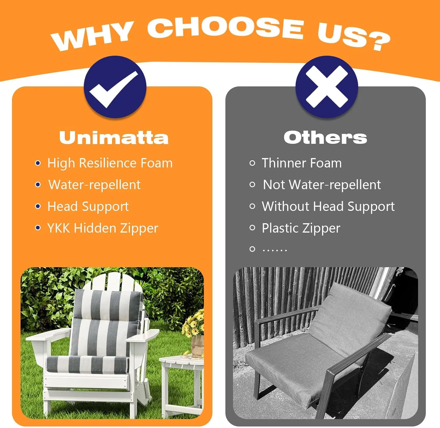 Outdoor High Back Chair Cushion Seat Pads, 2-Pack 44 x 21 Inch Water-Repellent & Fade-Resistant Patio Furniture Cushions with Ties for Adirondack, Rocking Chairs, Gray Stripe