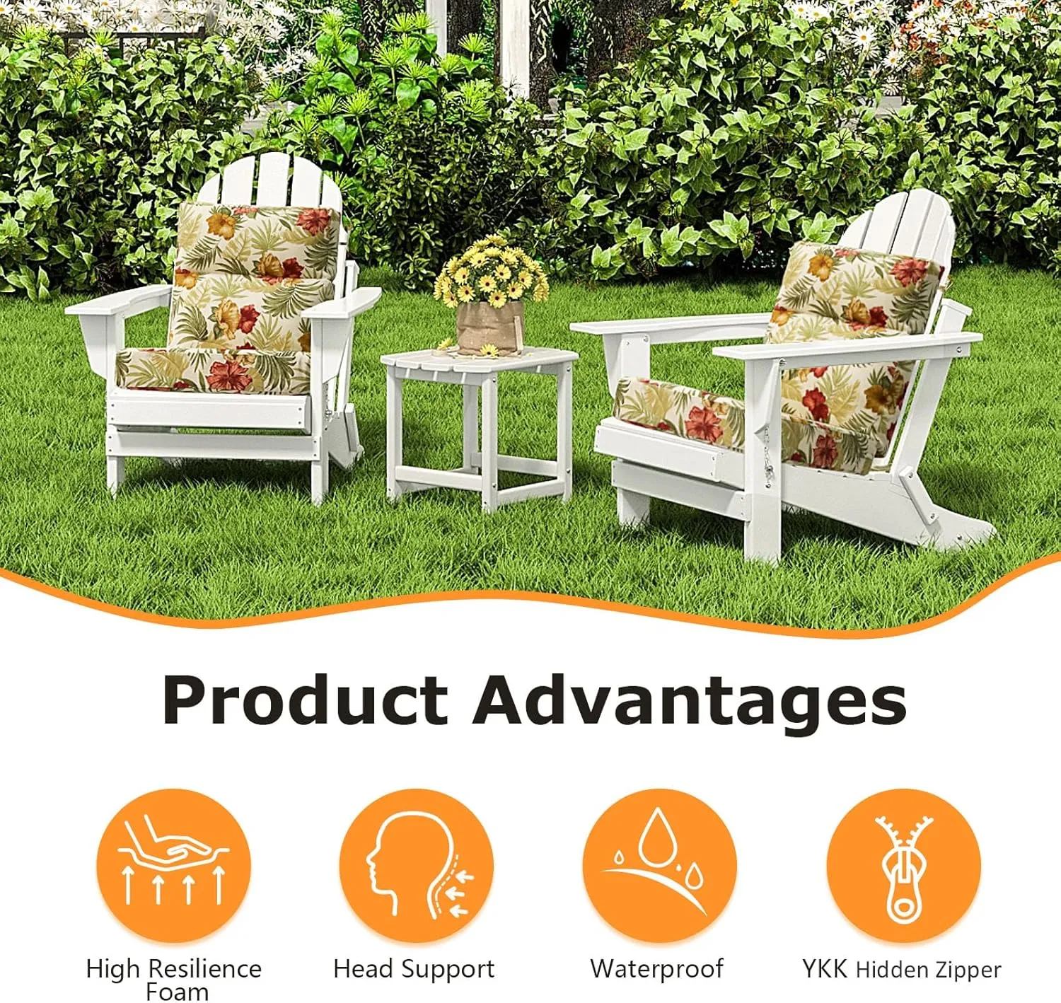 Outdoor High Back Chair Cushion Seat Pads, 2-Pack 44 x 21 Inch Water-Repellent & Fade-Resistant Patio Furniture Cushions with Ties for Adirondack, Rocking Chairs, Green Leaf Flower
