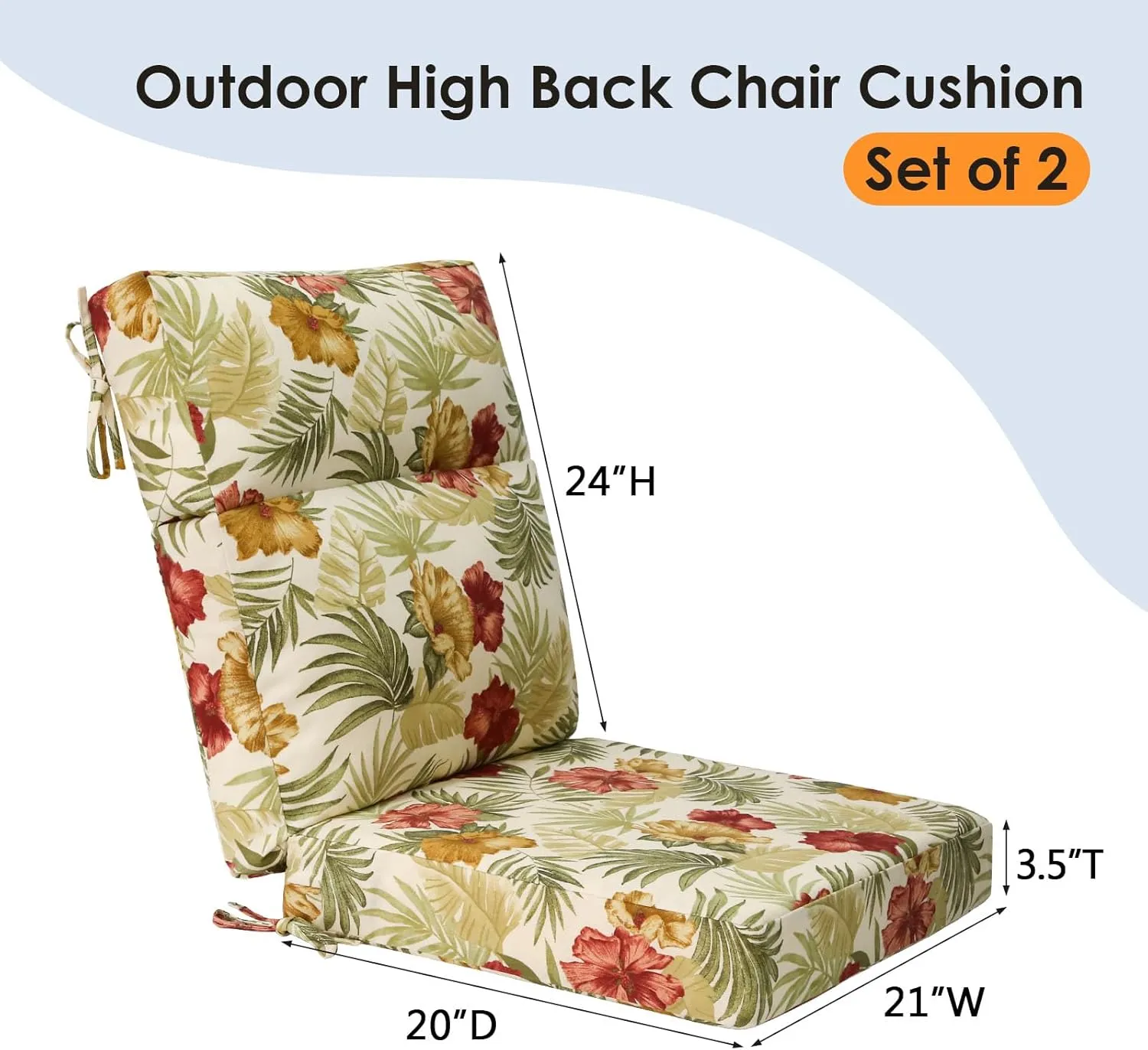 Outdoor High Back Chair Cushion Seat Pads, 2-Pack 44 x 21 Inch Water-Repellent & Fade-Resistant Patio Furniture Cushions with Ties for Adirondack, Rocking Chairs, Green Leaf Flower