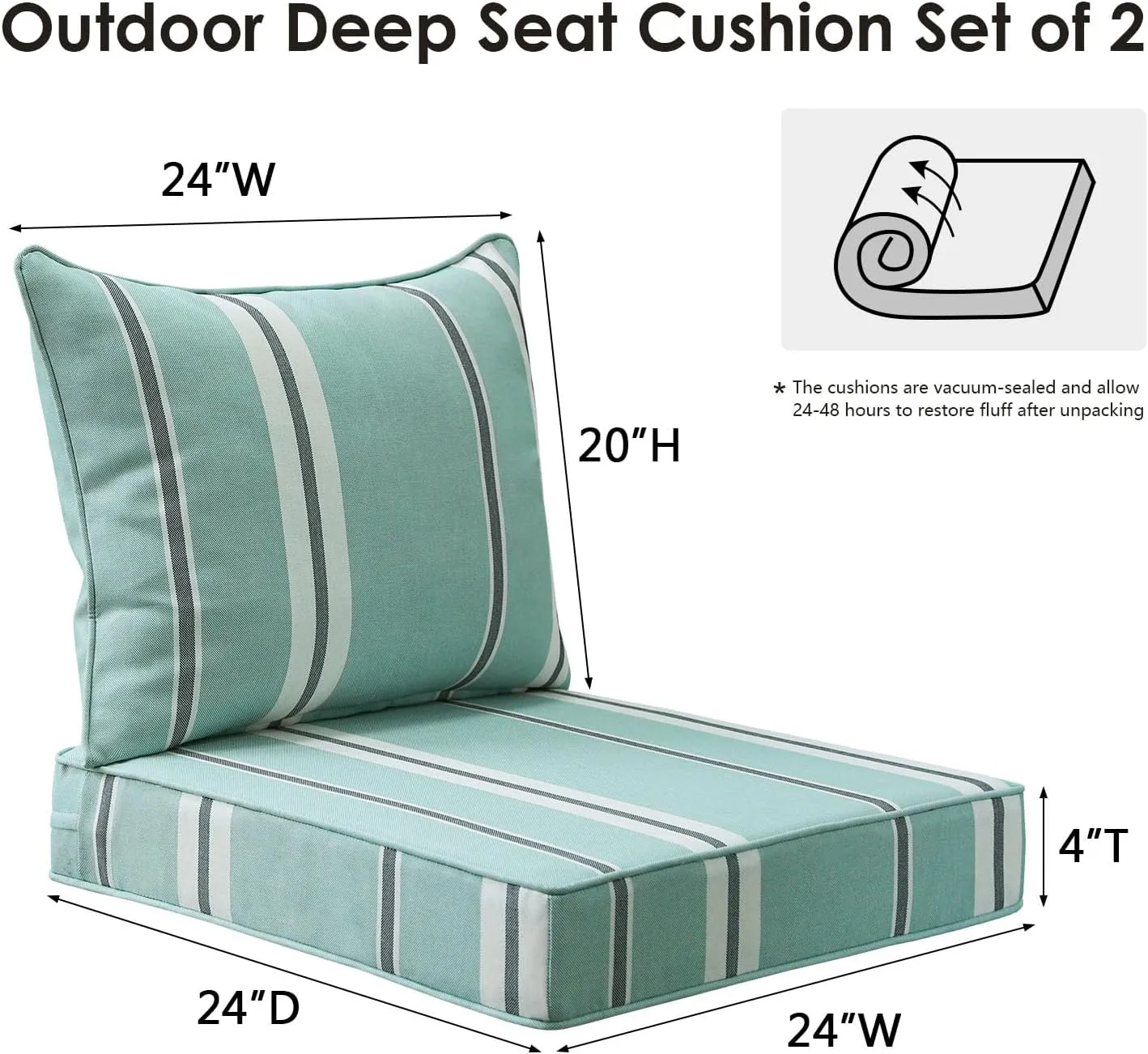 Outdoor Patio Chair Cushions Set, 24" x 24", Set of 2, Water-Repellent, Fade Resistant, Deep Seat Bottom and Back Cushion for Backyard, Couch, Sofa and Patio Furniture, Aqua Stripe
