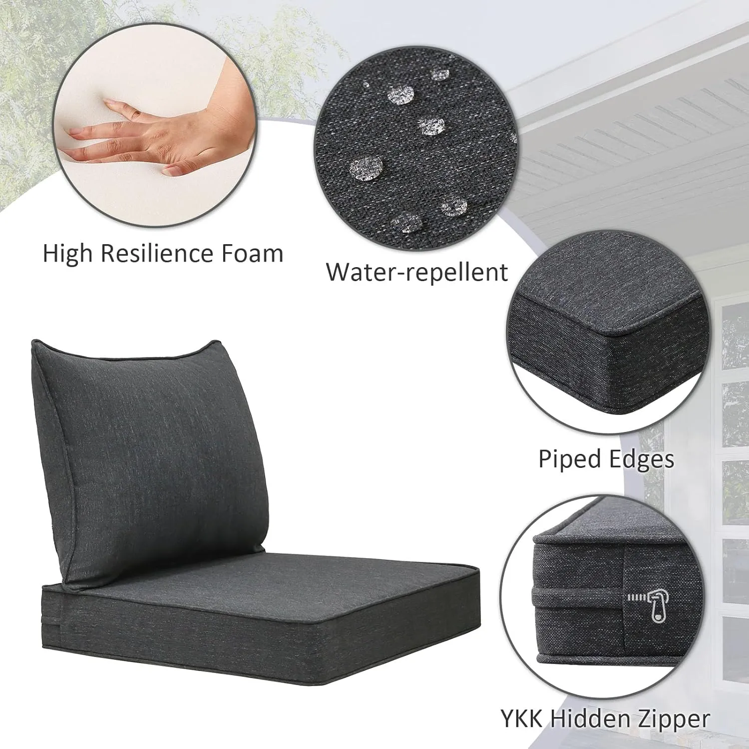 Outdoor Patio Chair Cushions Set, 24" x 24", Set of 2, Water-Repellent, Fade Resistant, Deep Seat Bottom and Back Cushion for Backyard, Couch, Sofa and Patio Furniture, Charcoal