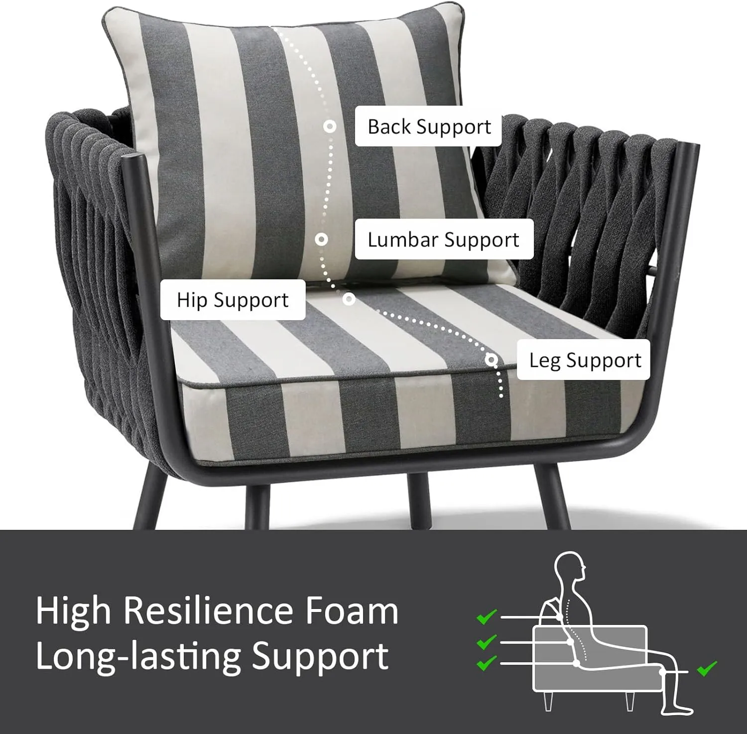 Outdoor Patio Chair Cushions Set, 24" x 24", Set of 2, Water-Repellent, Fade Resistant, Deep Seat Bottom and Back Cushion for Backyard, Couch, Sofa and Patio Furniture, Gray Stripe