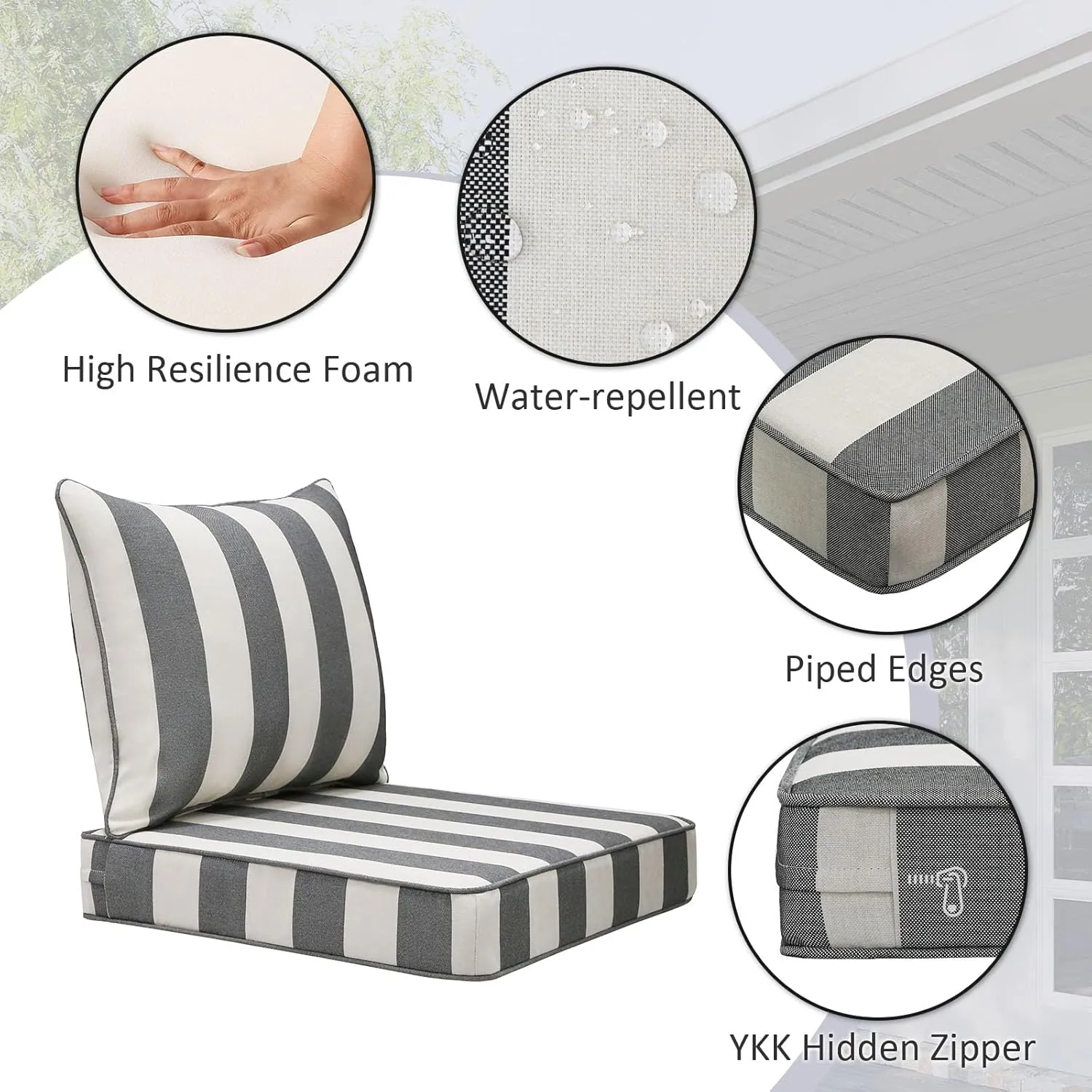 Outdoor Patio Chair Cushions Set, 24" x 24", Set of 2, Water-Repellent, Fade Resistant, Deep Seat Bottom and Back Cushion for Backyard, Couch, Sofa and Patio Furniture, Gray Stripe