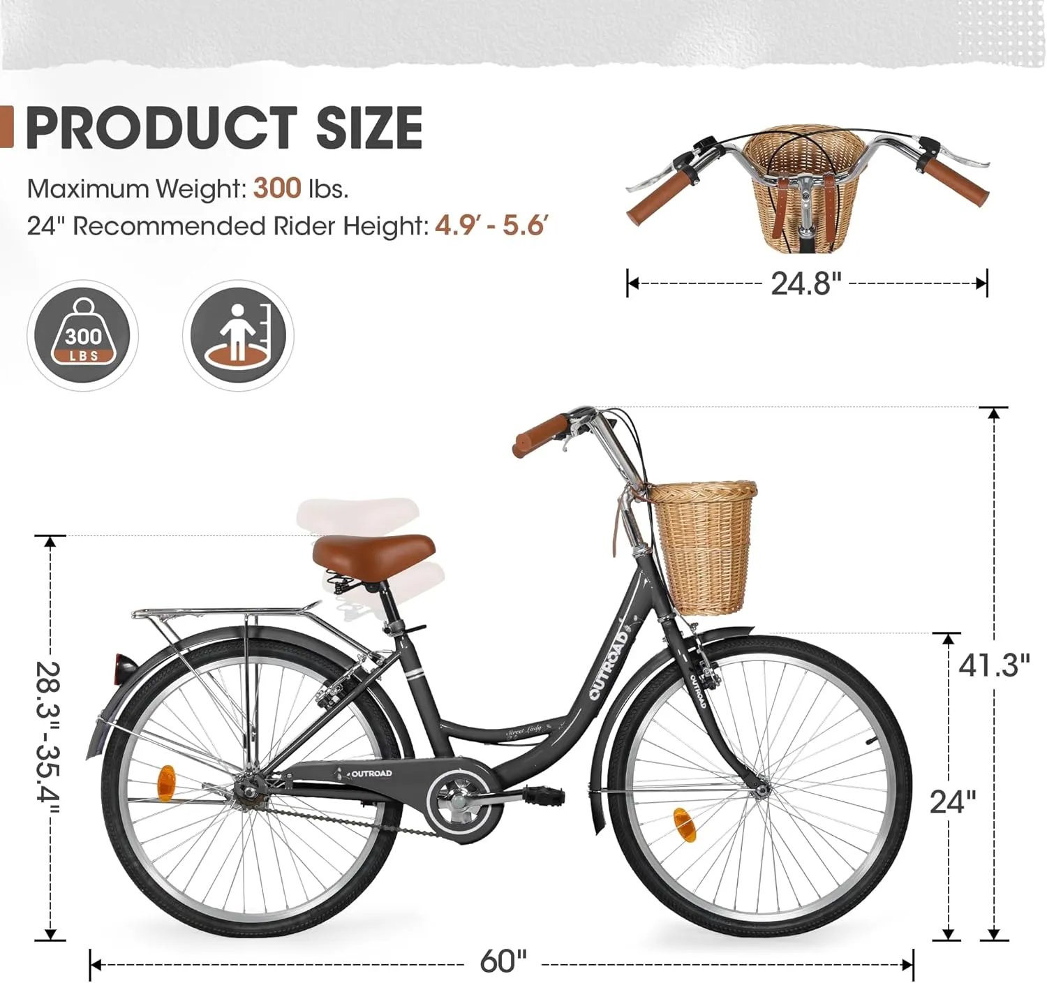 Outroad Beach Cruiser Bike, 24/26 inch Commuter Bicycle for Adult Men and Women,High-Carbon Steel Comfortable City Bikes with Rear Rack or Basket
