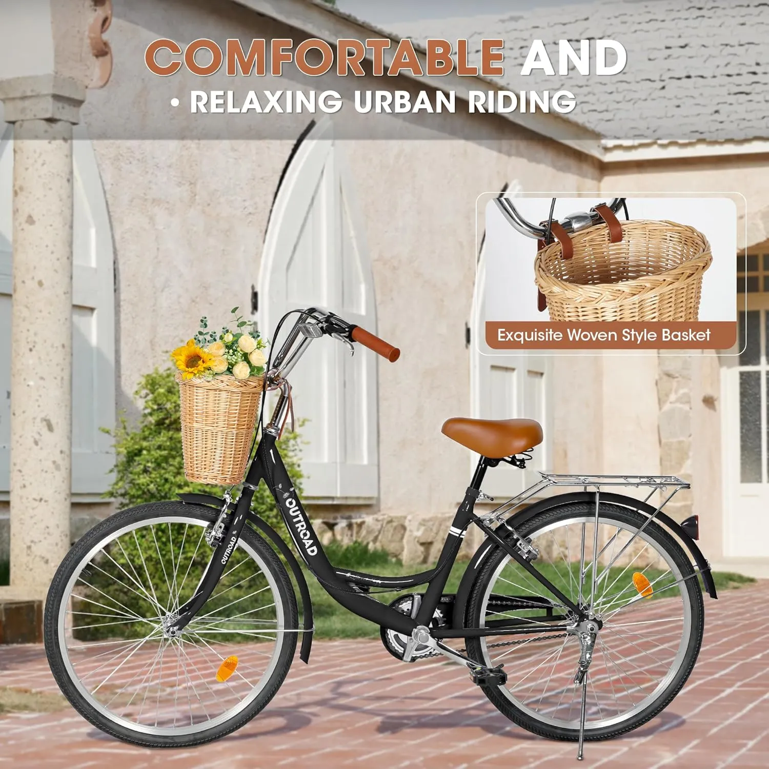Outroad Beach Cruiser Bike, 24/26 inch Commuter Bicycle for Adult Men and Women,High-Carbon Steel Comfortable City Bikes with Rear Rack or Basket