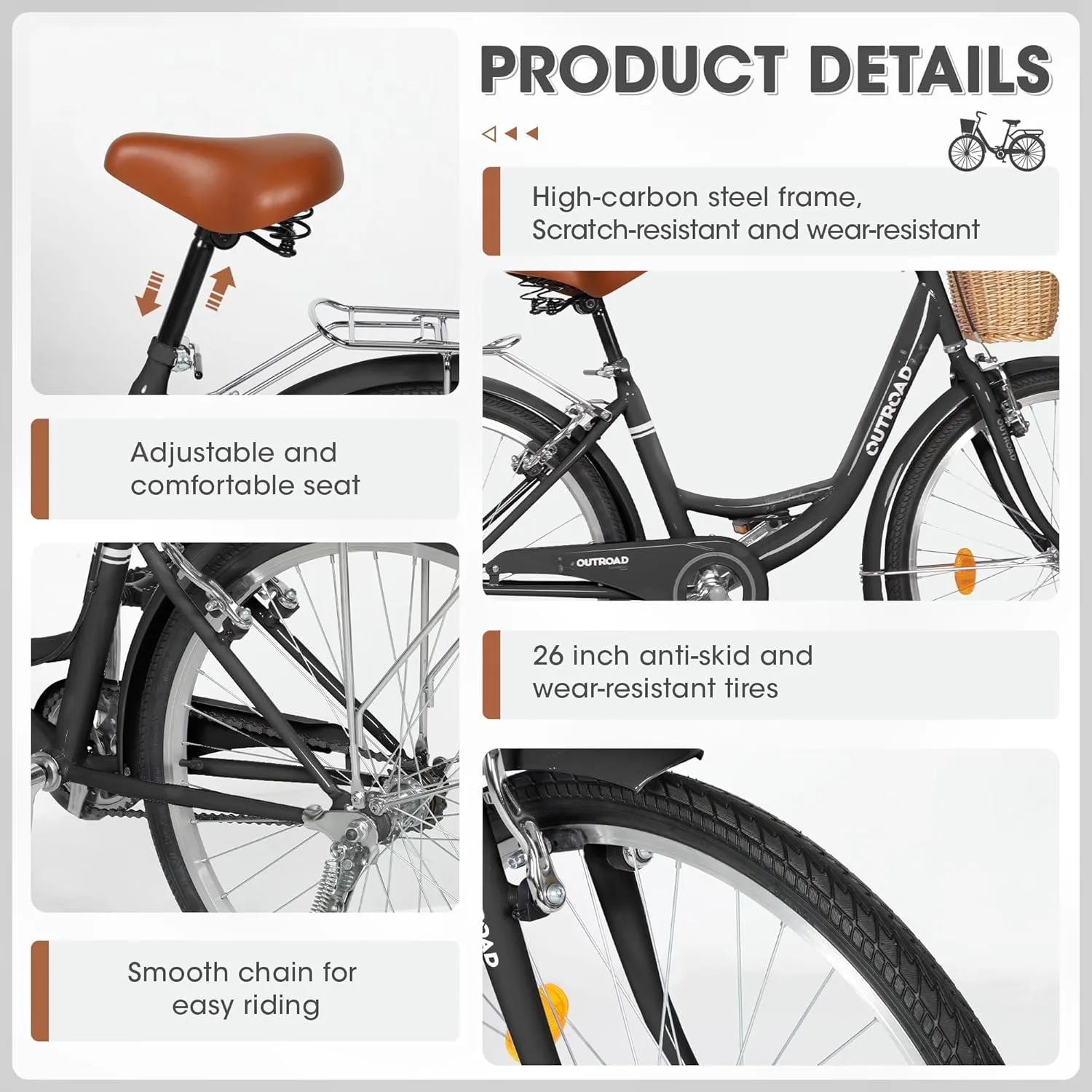 Outroad Beach Cruiser Bike, 24/26 inch Commuter Bicycle for Adult Men and Women,High-Carbon Steel Comfortable City Bikes with Rear Rack or Basket