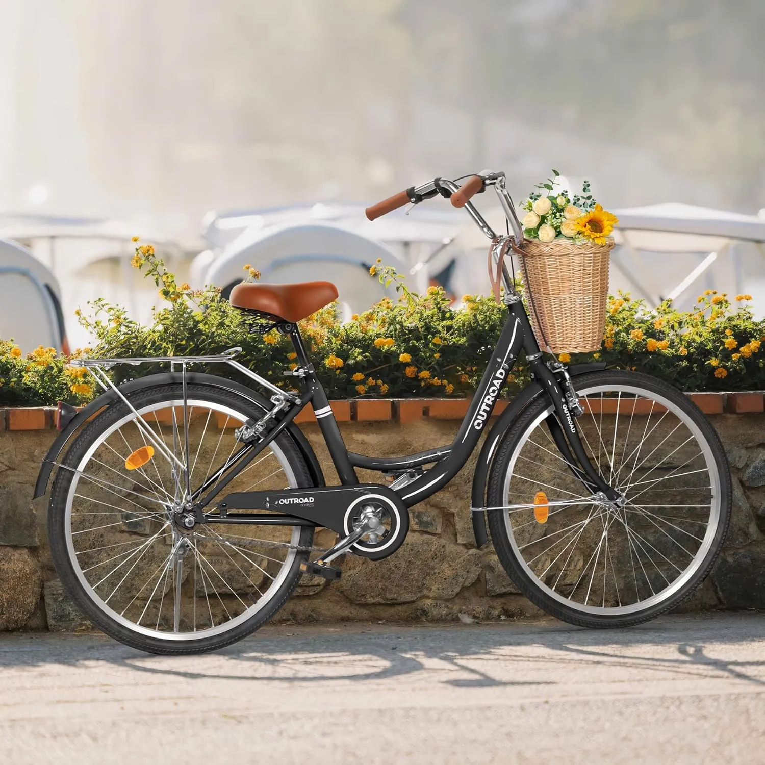 Outroad Beach Cruiser Bike, 24/26 inch Commuter Bicycle for Adult Men and Women,High-Carbon Steel Comfortable City Bikes with Rear Rack or Basket