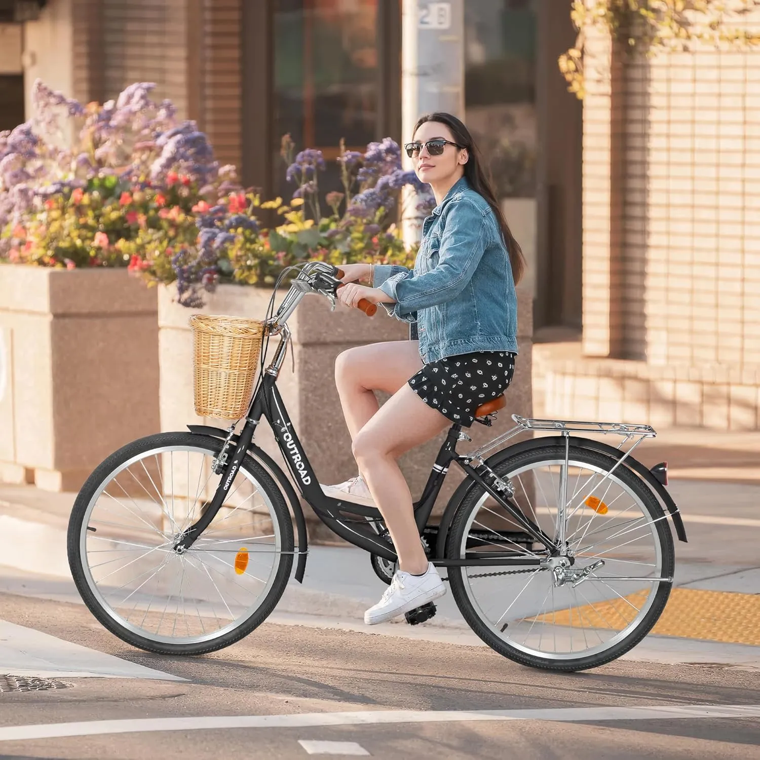 Outroad Beach Cruiser Bike, 24/26 inch Commuter Bicycle for Adult Men and Women,High-Carbon Steel Comfortable City Bikes with Rear Rack or Basket