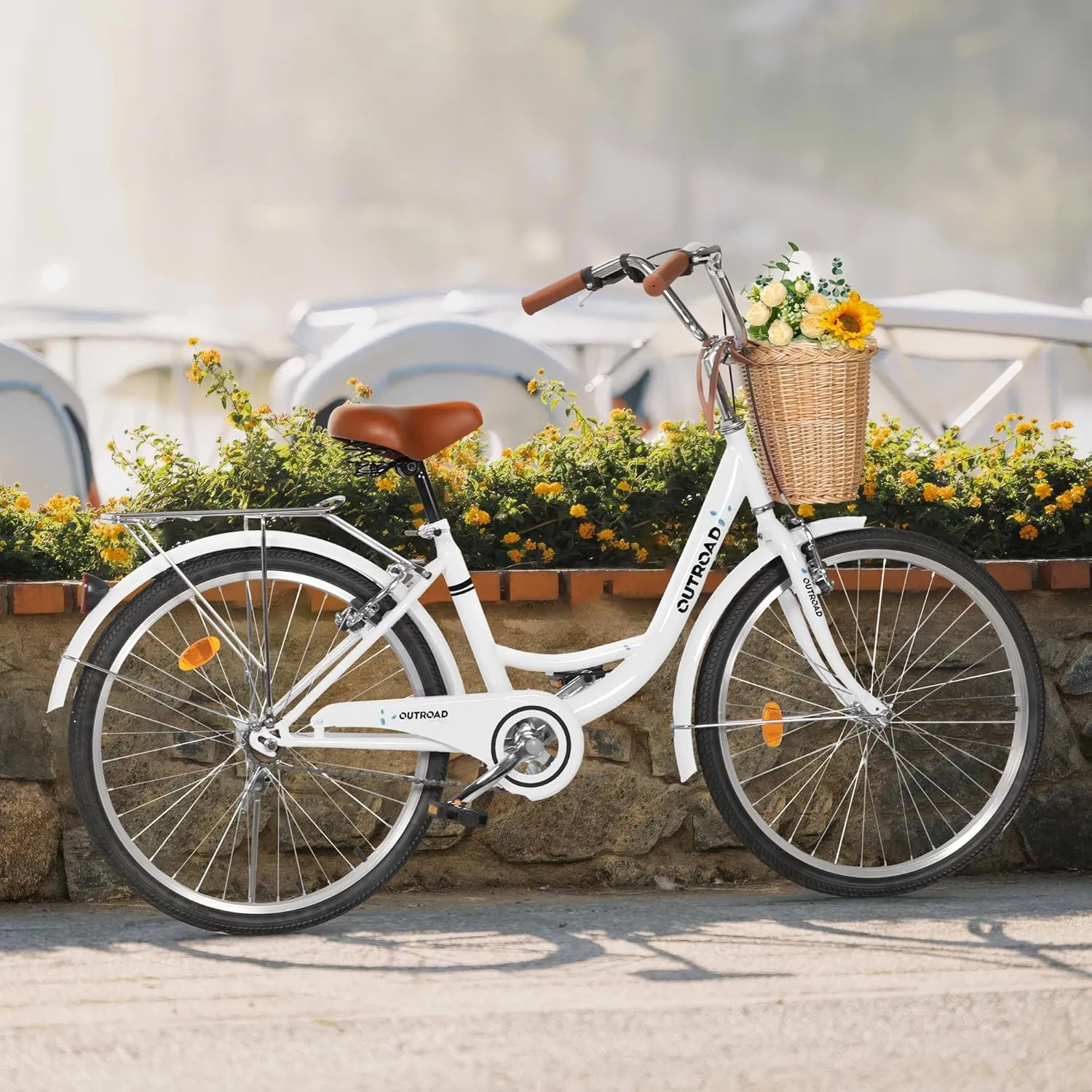 Outroad Beach Cruiser Bike, 24/26 inch Commuter Bicycle for Adult Men and Women,High-Carbon Steel Comfortable City Bikes with Rear Rack or Basket