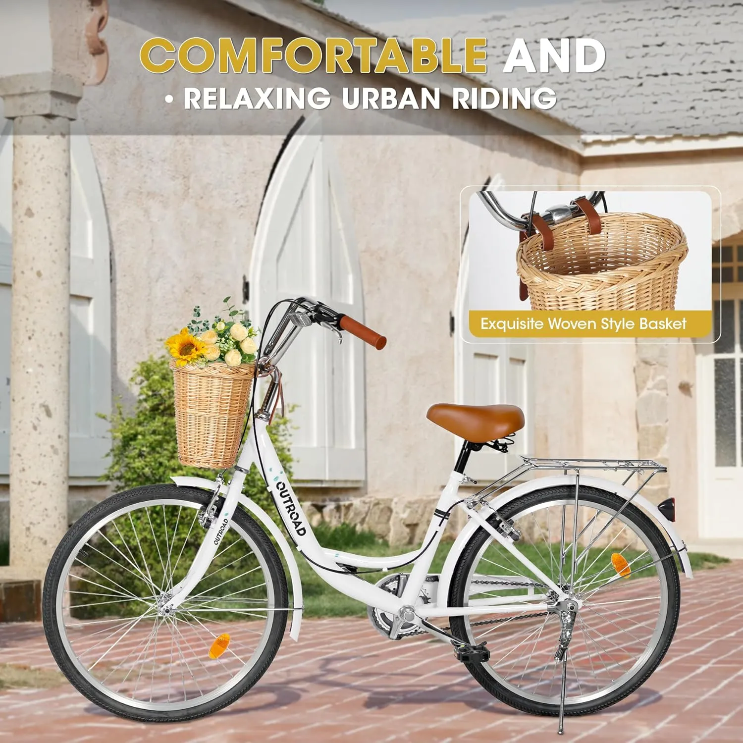 Outroad Beach Cruiser Bike, 24/26 inch Commuter Bicycle for Adult Men and Women,High-Carbon Steel Comfortable City Bikes with Rear Rack or Basket
