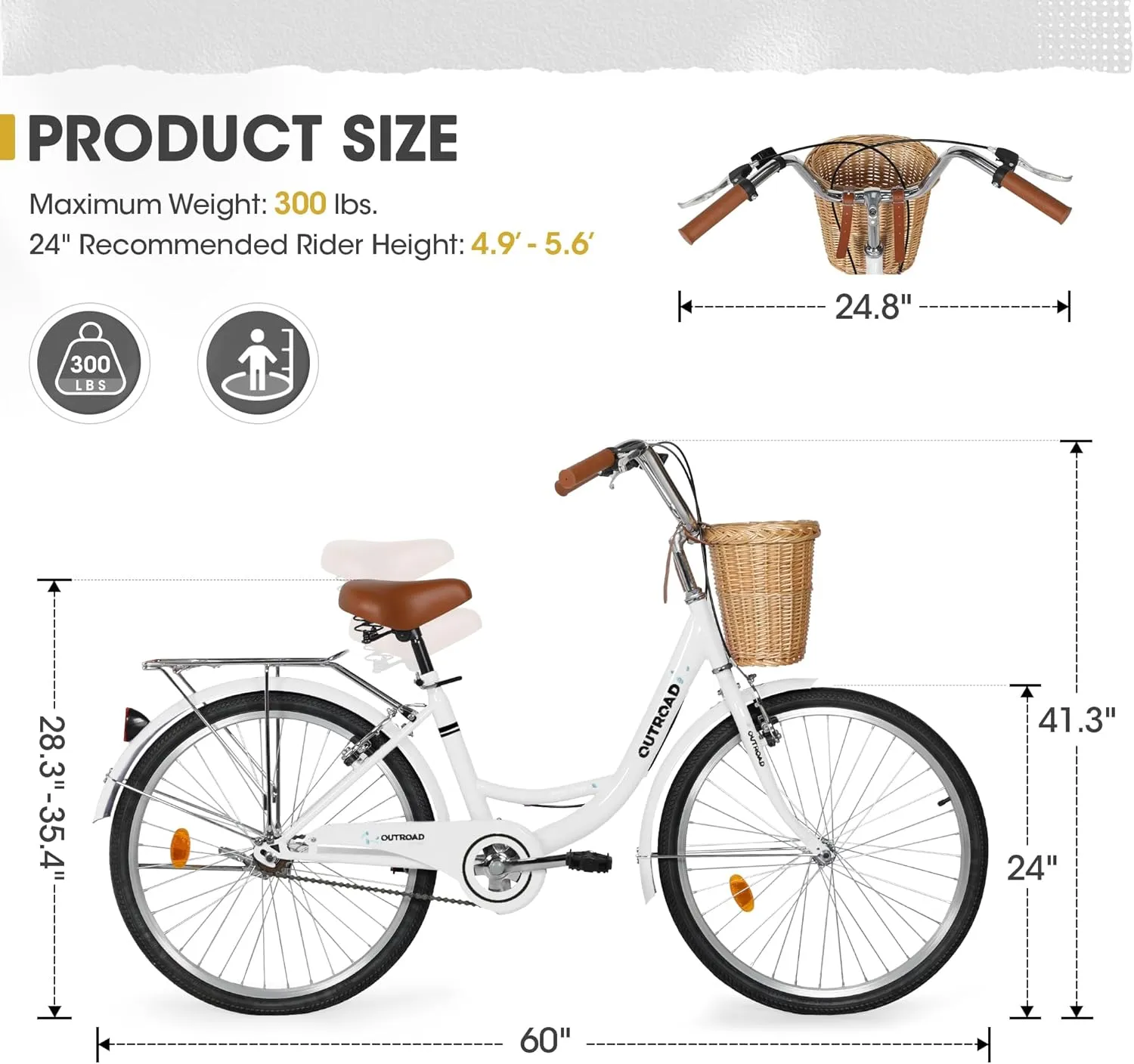 Outroad Beach Cruiser Bike, 24/26 inch Commuter Bicycle for Adult Men and Women,High-Carbon Steel Comfortable City Bikes with Rear Rack or Basket