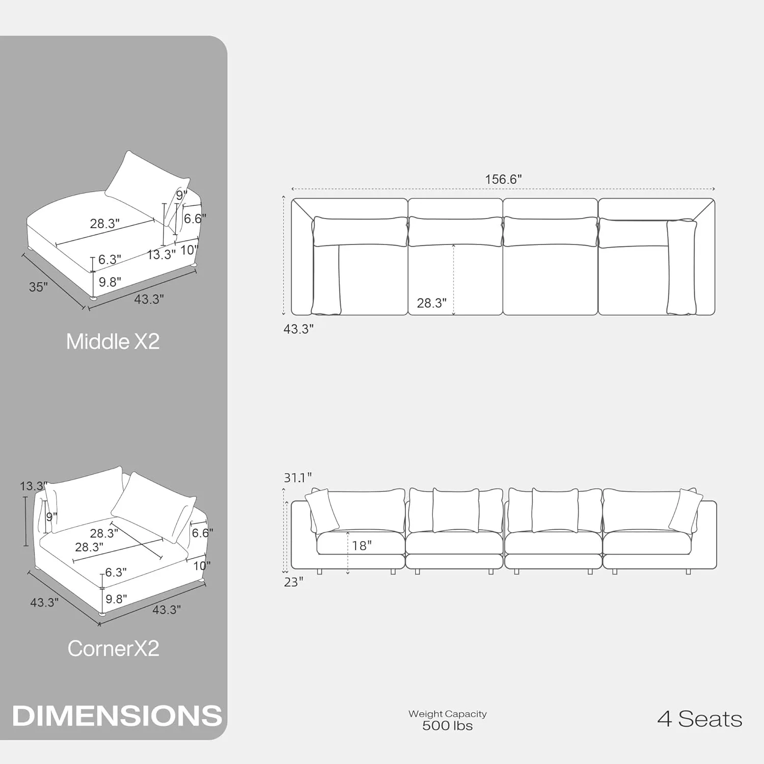 Oversized Modular Sectional Sofa,Cloud Couch Deep Seat Sofa Cushion Covers Removable,Oversized Sectional Couches for Living Room(4 Seater-Black Gray)