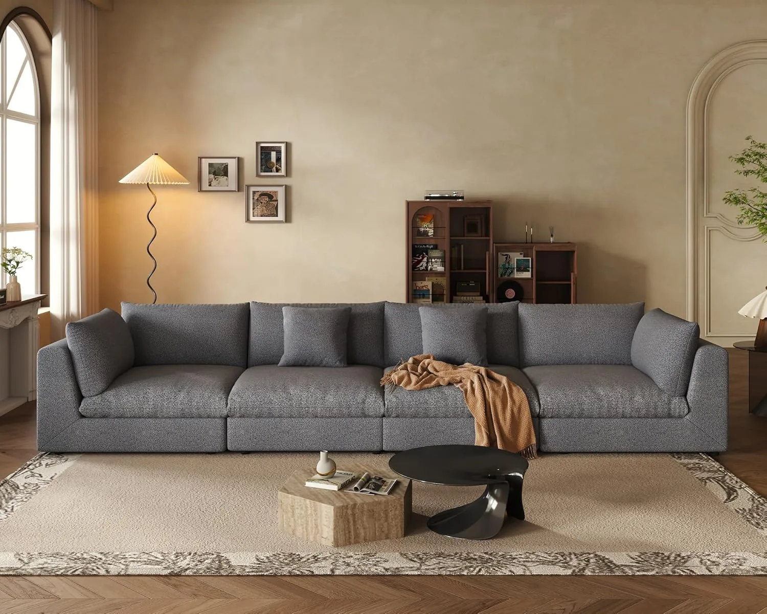 Oversized Modular Sectional Sofa,Cloud Couch Deep Seat Sofa Cushion Covers Removable,Oversized Sectional Couches for Living Room(4 Seater-Black Gray)