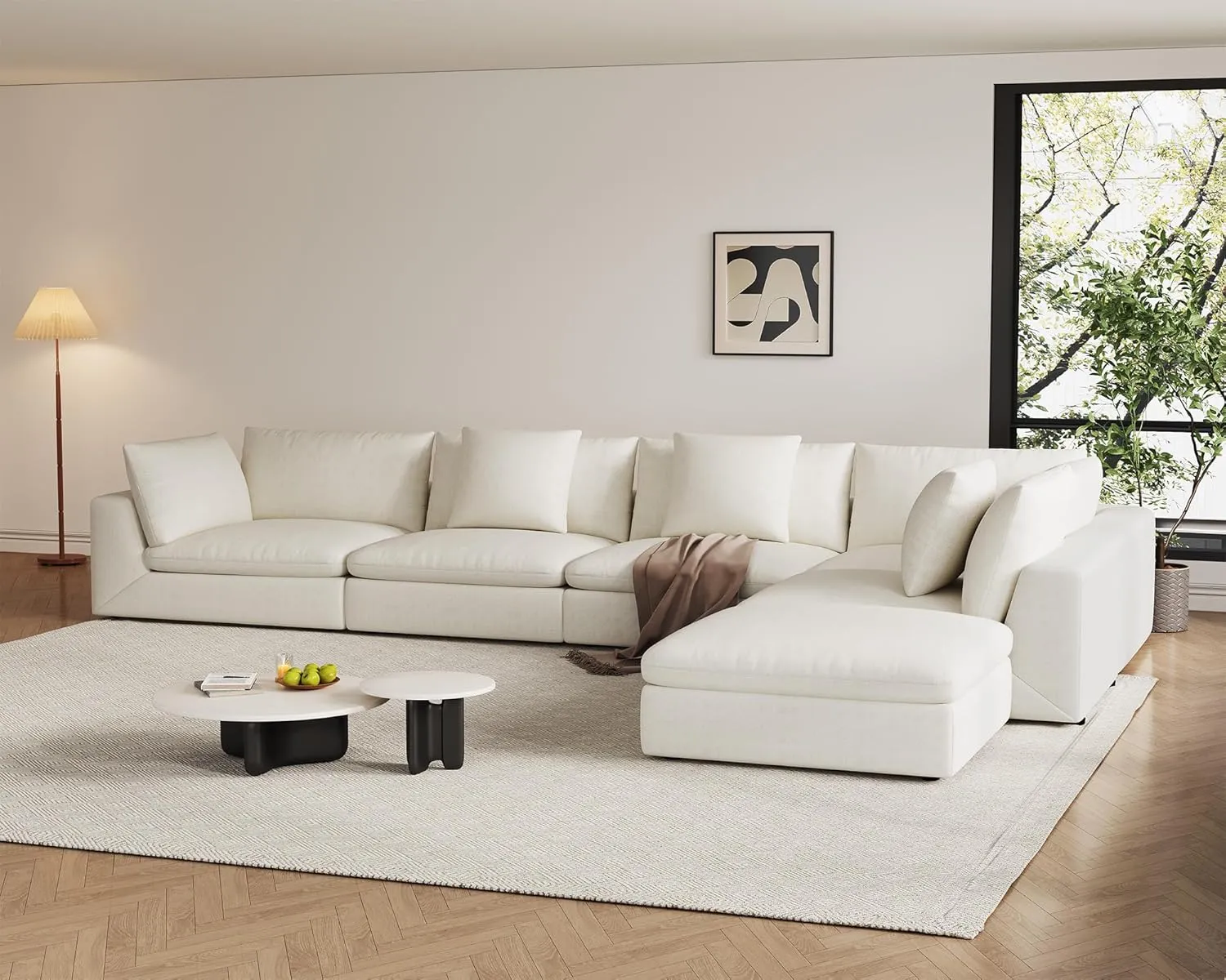 Oversized Modular Sectional Sofa,Cloud Couch Deep Seat Sofa Cushion Covers Removable,Oversized Sectional Couches for Living Room(6 Seater-Cream White Linen)