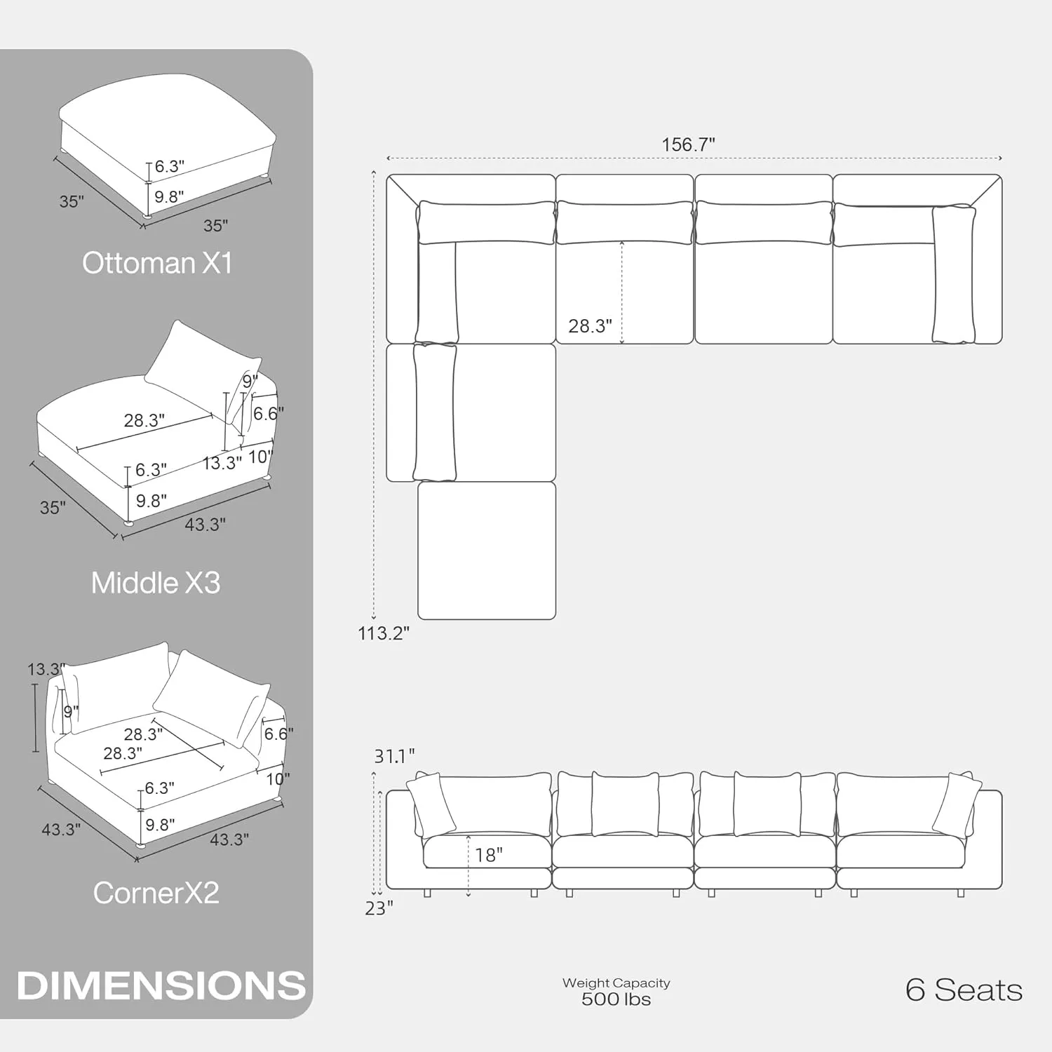 Oversized Modular Sectional Sofa,Cloud Couch Deep Seat Sofa Cushion Covers Removable,Oversized Sectional Couches for Living Room(6 Seater-Cream White Linen)