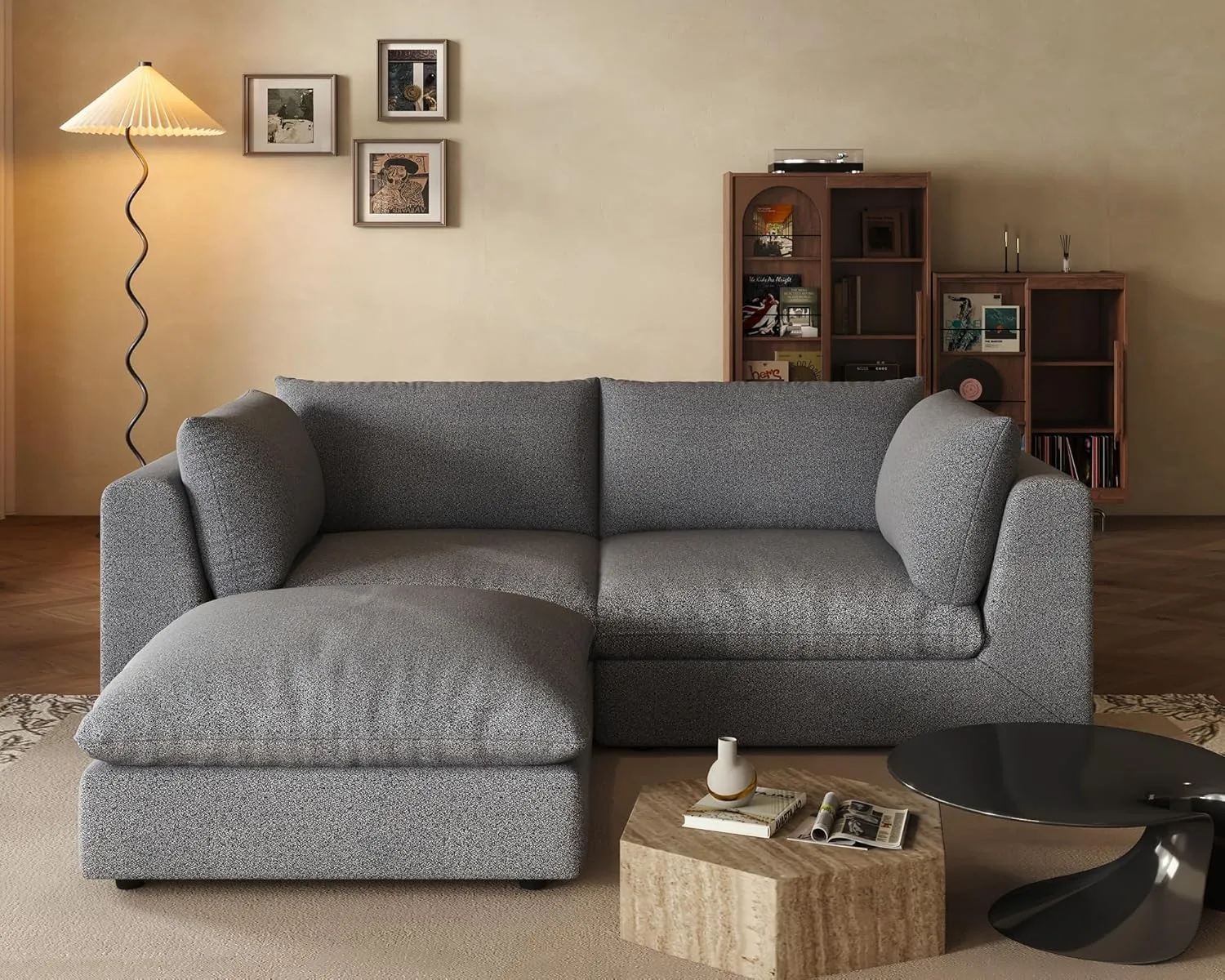 Oversized Modular Sectional Sofa,Cloud Couch Deep Seat Sofa Cushion Covers Removable,Oversized Sectional Couches for Living Room(LoveSeat 1 Ottoman-Black Gray)