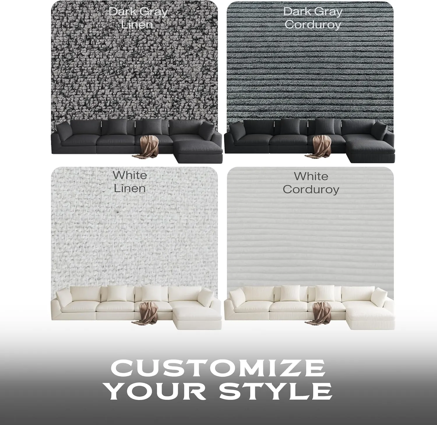 Oversized Modular Sectional Sofa,Cloud Couch Deep Seat Sofa Cushion Covers Removable,Oversized Sectional Couches for Living Room(LoveSeat 1 Ottoman-Black Gray)