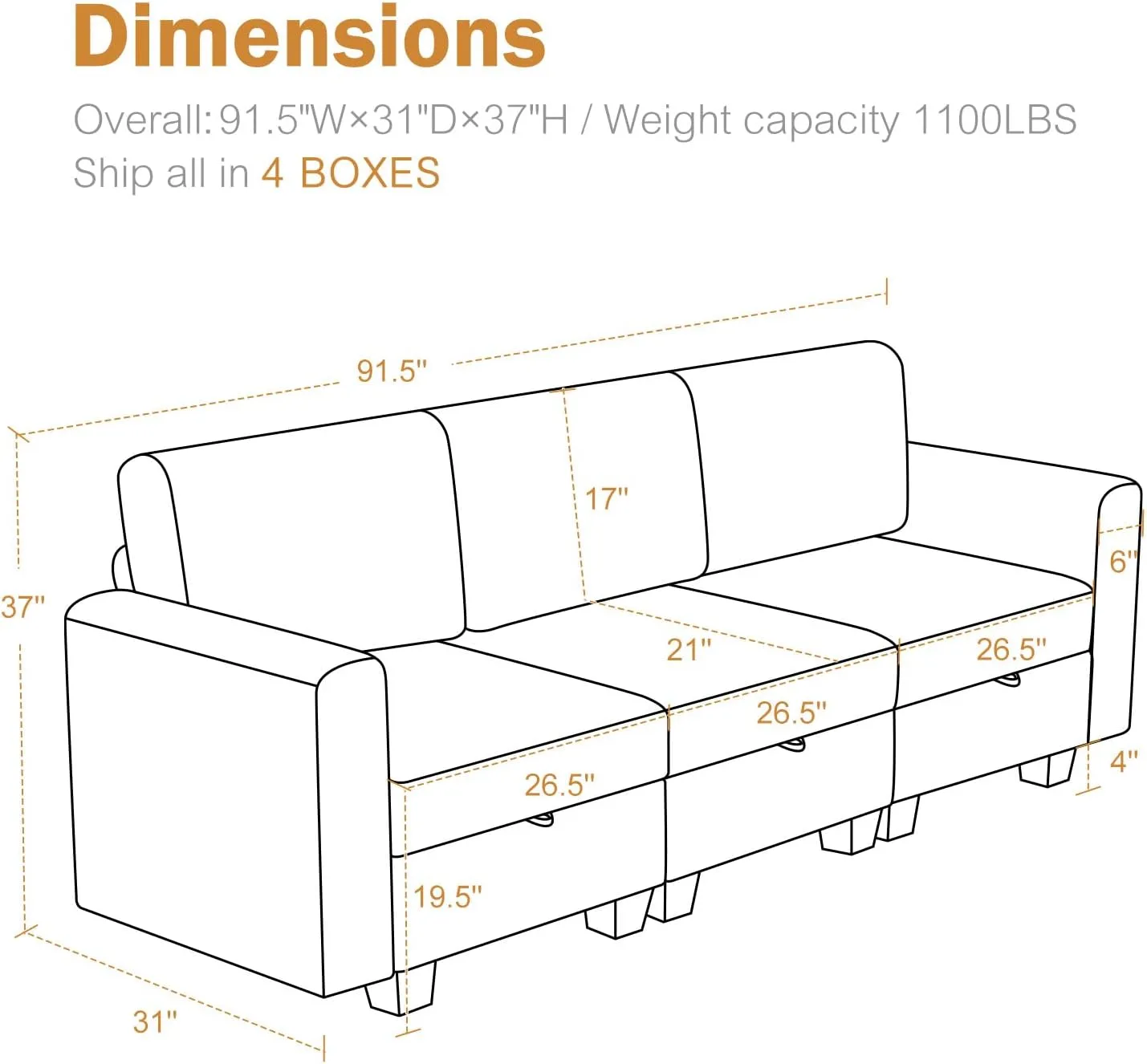 Oversized Modular Sofa Couch with Seats Storage, Comfy 3-Seater Linen Fabric Couch for Living Room, Office, Apart W/Deep Seat, High Backrest, Grey