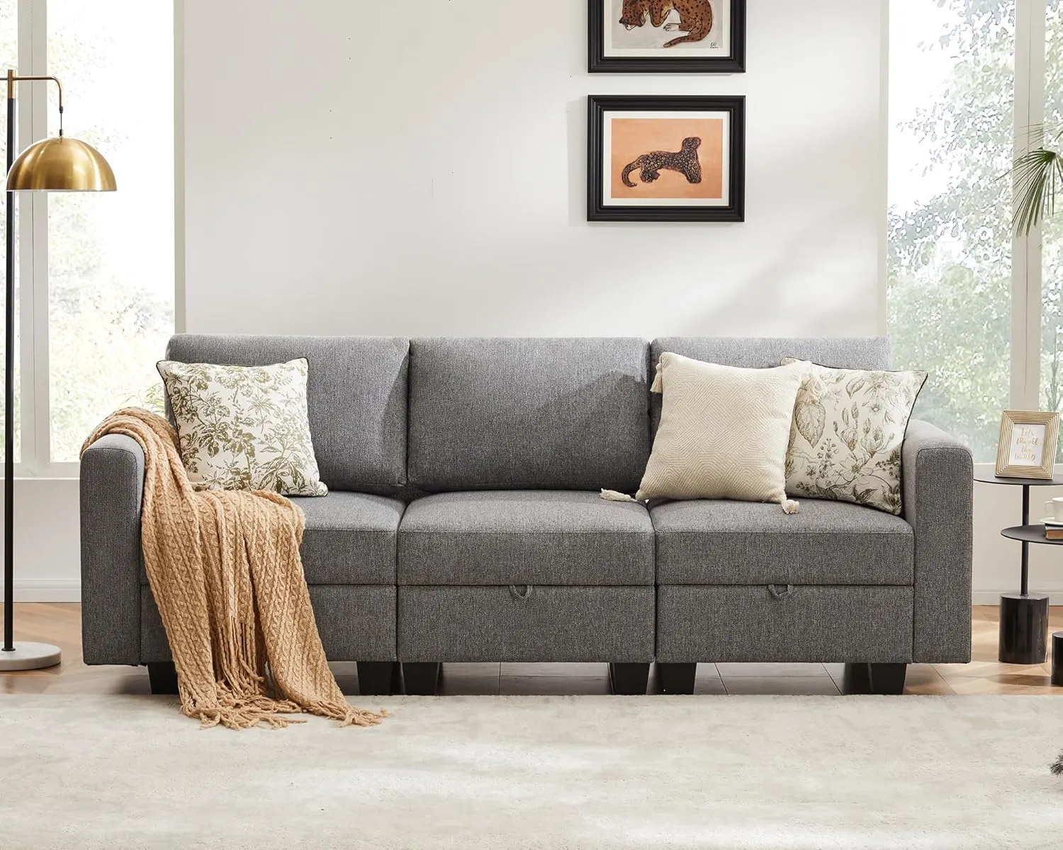 Oversized Modular Sofa Couch with Seats Storage, Comfy 3-Seater Linen Fabric Couch for Living Room, Office, Apart W/Deep Seat, High Backrest, Grey