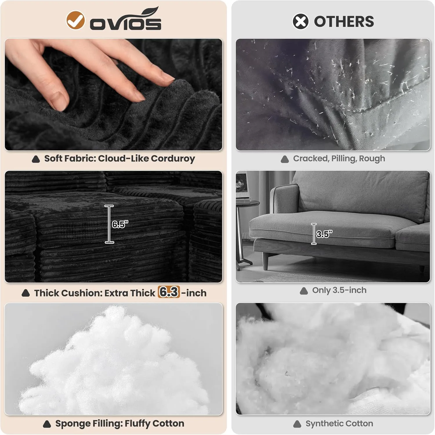 ovios 130.7" Modular Sectional Sofa Couch, U-Shaped Cloud Couches with Oversized Chaise, Modern Minimalist Deep Seat Plush Corduroy Sofas Set for Living Room, 7 Seater, Black